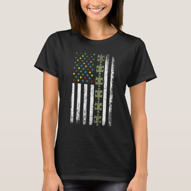 American Flag Puzzle Piece Autism Awareness T-Shirt (Front)