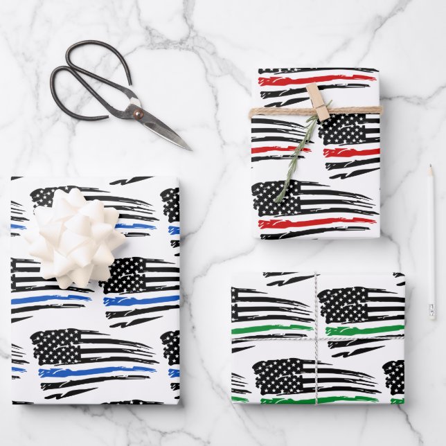 American Flag Red Blue Green Police Fire Military  Wrapping Paper Sheet (Front)
