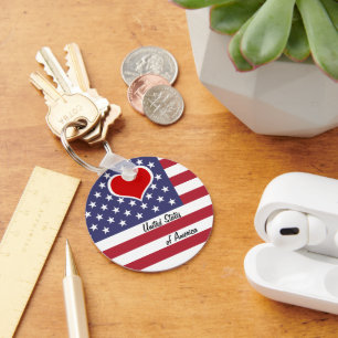 American Flag & Red Heart, Love USA / America Keychain