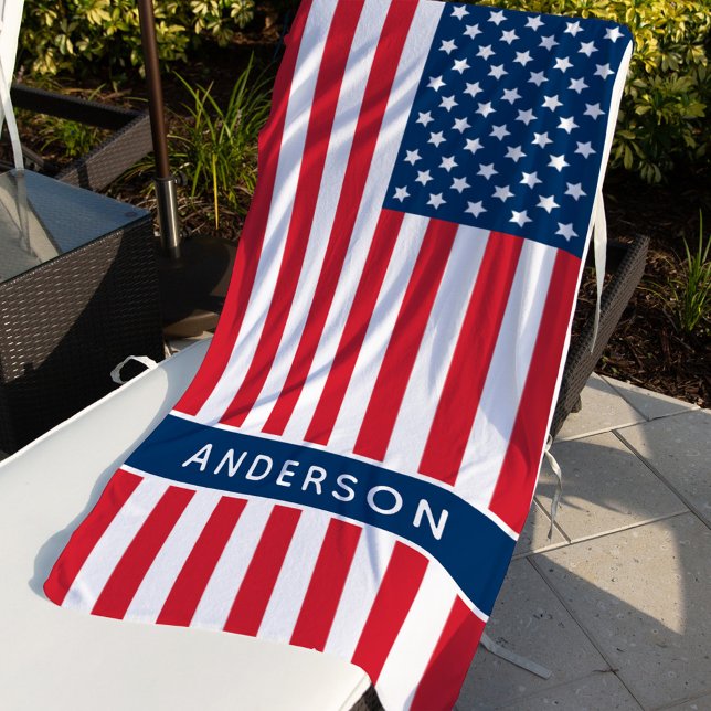 American Flag Red White Blue Custom Monogram Name Beach Towel (Creator Uploaded)