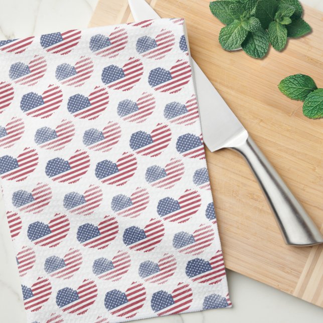 American Flag Red White Blue Patriotic Kitchen Towel (Cute Patriotic American Flag Rustic Heart Pattern Kitchen Towel)