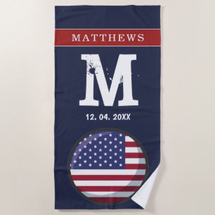 American Flag Red White Blue Patriotic Monogram Beach Towel