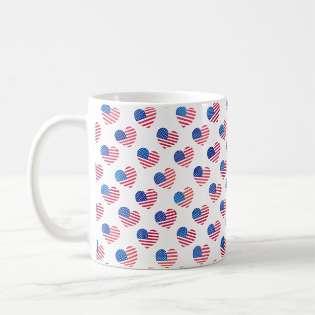 American Flag Red White Blue Stars Stripes Hearts Coffee Mug (Left)