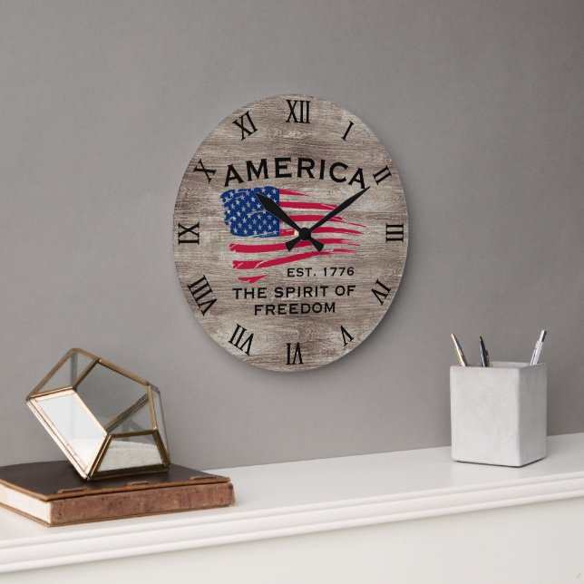 American Flag Red White Blue Stripes Stars Pattern Large Clock (Office)
