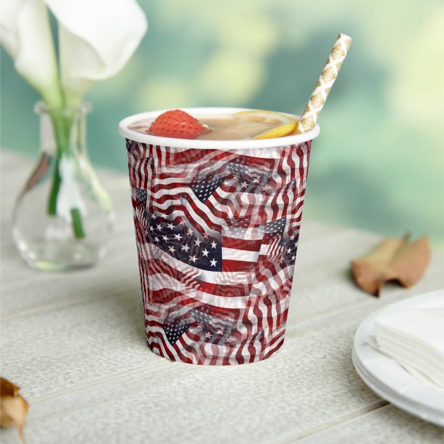 American Flag Red White Blue Stripes Stars Pattern Paper Cups (Insitu)