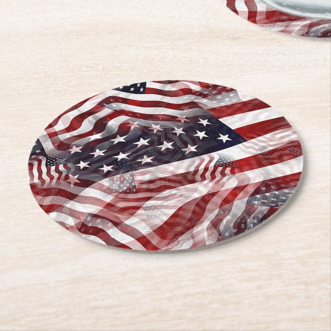 American Flag Red White Blue Stripes Stars Pattern Round Paper Coaster (Angled)