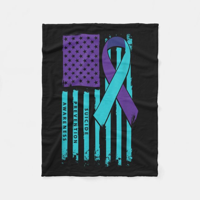 American Flag Ribbon Suicide Awareness Mental Heal Fleece Blanket (Front)