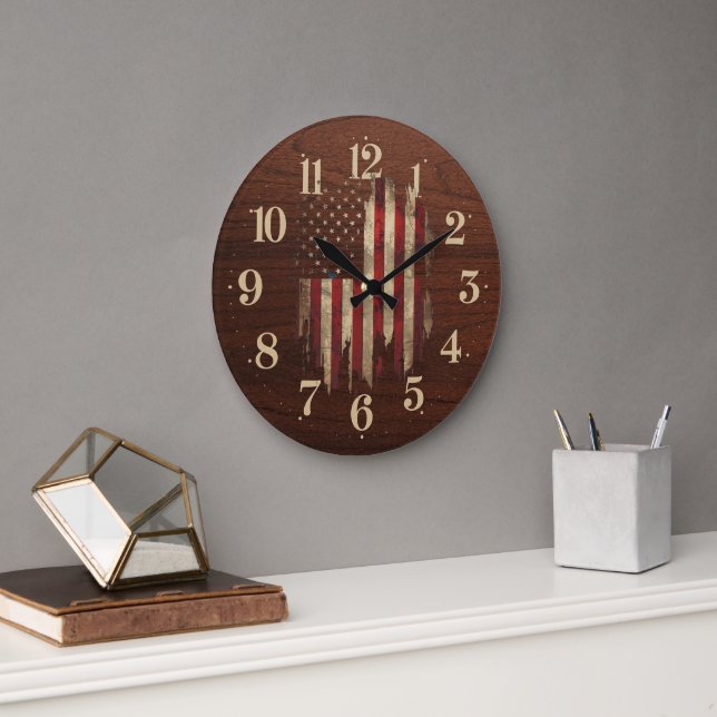 American Flag Rustic Distressed Wall Clock (Office)