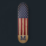 American Flag Rustic Personalized Monogram Skateboard<br><div class="desc">USA American Flag skateboard in a distressed worn grunge design on wood . This united states of america flag skateboard design with stars and stripes in red white and blue is perfect for military, graduation gifts. Personalize this american flag skateboard with monogram initial. COPYRIGHT © 2020 Judy Burrows, Black Dog...</div>