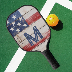 American Flag Rustic Red White Blue Monogram Pickleball Paddle