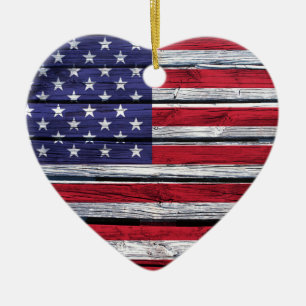 American Flag Rustic Wood Ceramic Ornament