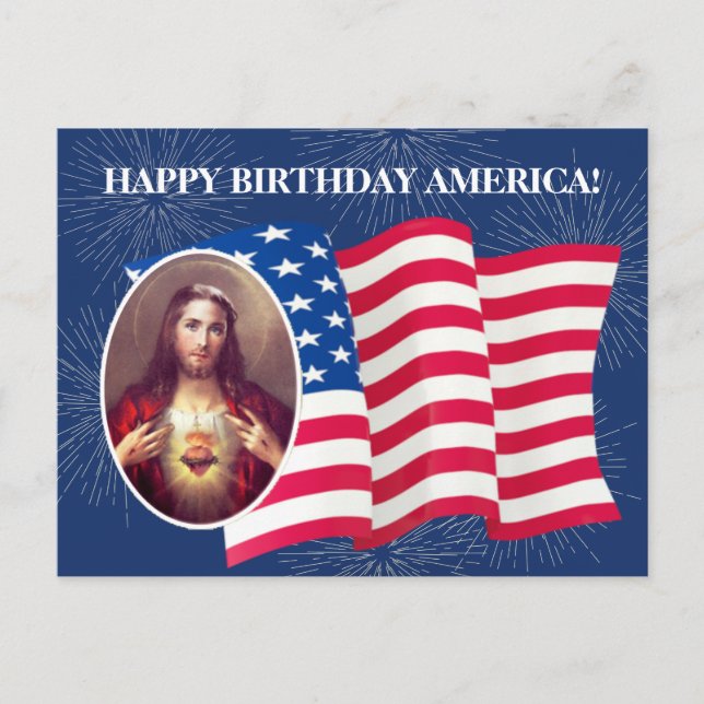 American Flag Sacred Heart of Jesus Fireworks Postcard (Front)