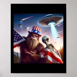 American Flag Sasquatch With Alien Ufo Bigfoot 4th Poster