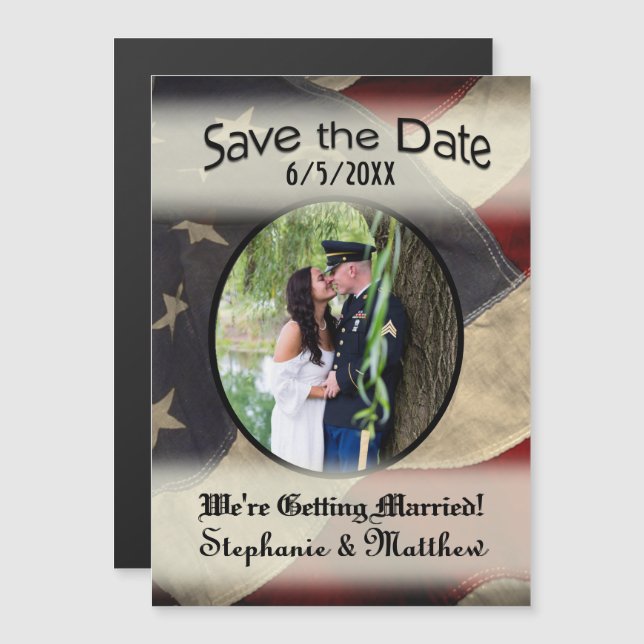 American Flag Save the Date with Photograph Magnetic Invitation (Front/Back)