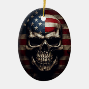 American Flag Skull  Ceramic Ornament
