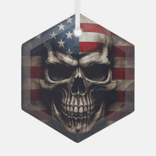 American Flag Skull  Glass Ornament