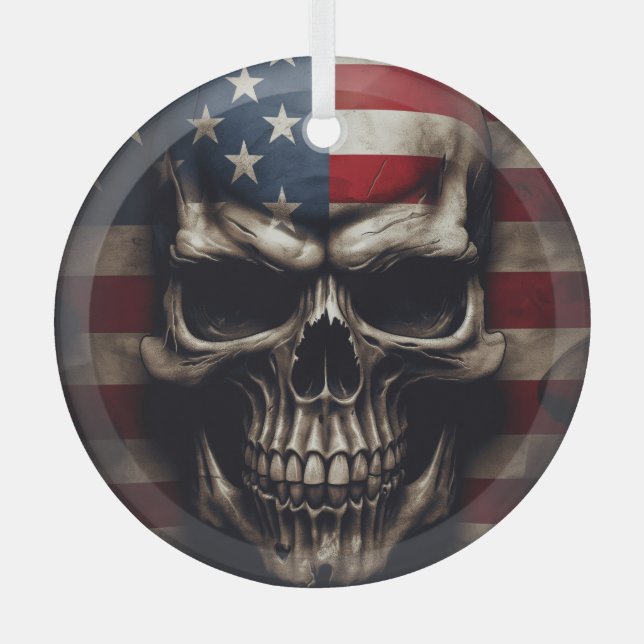 American Flag Skull  Glass Ornament (Front)