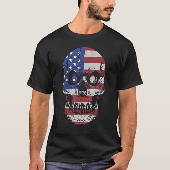 American Flag Skull July 4th  Us Patriotic T-Shirt (Front)
