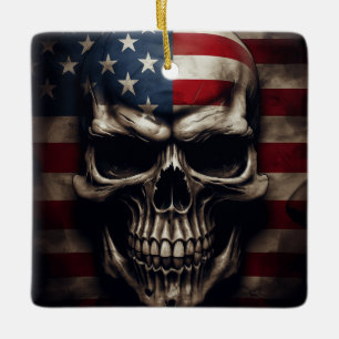 American Flag Skull Print With Stand Ceramic Ornament