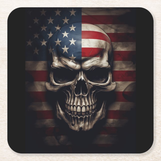American Flag Skull  Square Paper Coaster (Front)