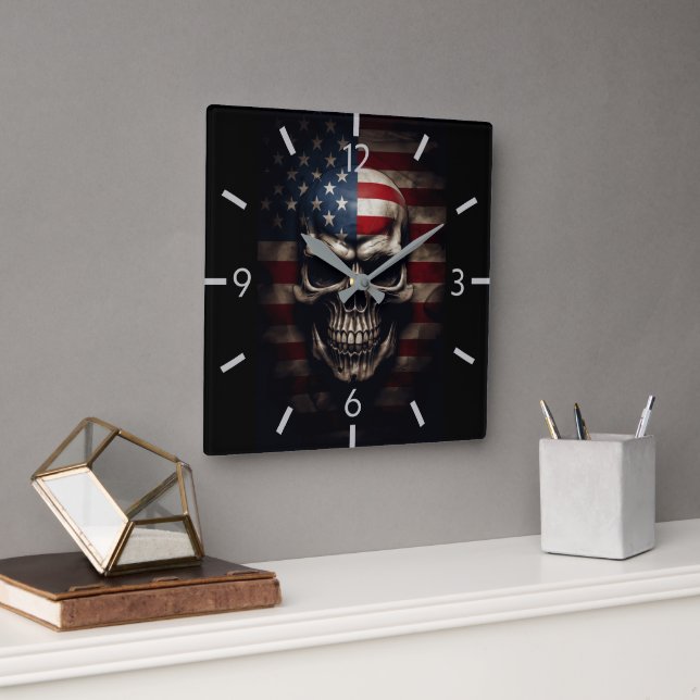 American Flag Skull  Square Wall Clock (Office)