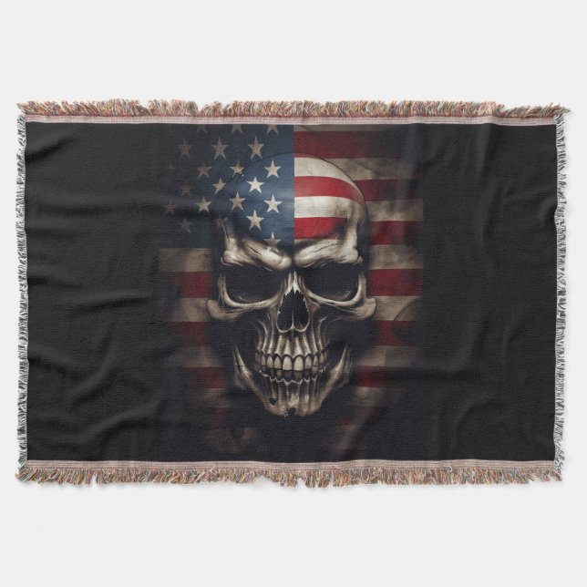 American Flag Skull  Throw Blanket (Front)