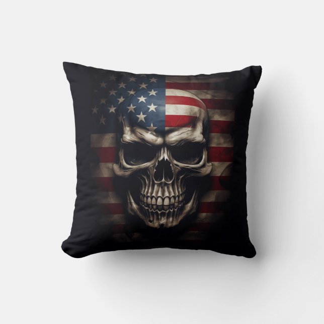 American Flag Skull  Throw Pillow (Front)