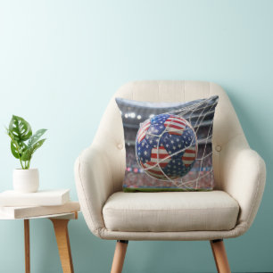 American Flag Soccer Ball in the Net Throw Pillow