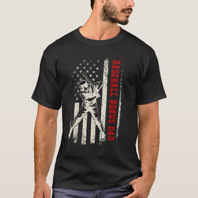 American Flag Softball Baseball Bonus Dad Funny Fa T-Shirt (Front)