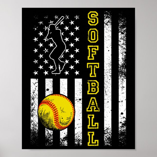 American Flag Softball Team Vintage Funny Poster (Front)