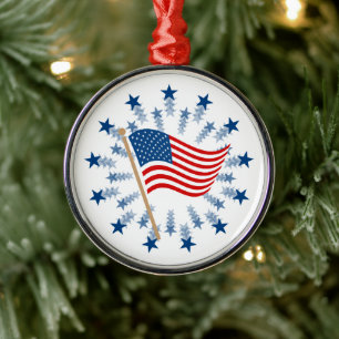 American Flag Starburst Fireworks 4th of July Metal Ornament