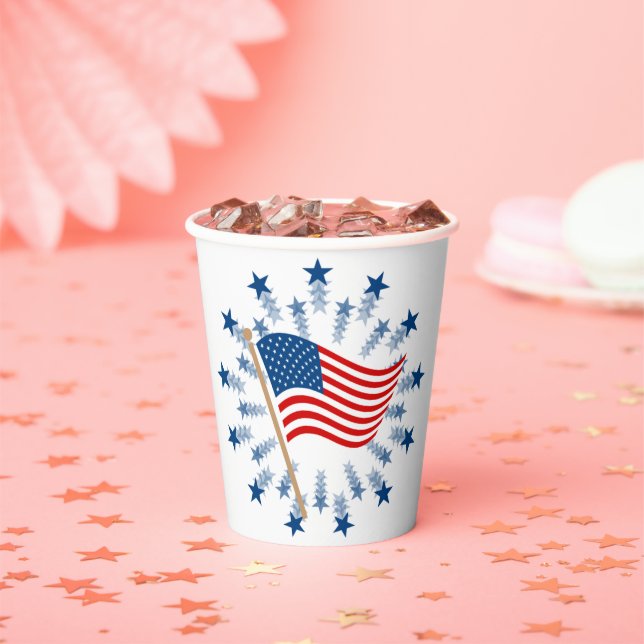 American Flag Starburst Fireworks 4th of July Paper Cups (Insitu)