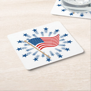 American Flag Starburst Fireworks 4th of July Square Paper Coaster