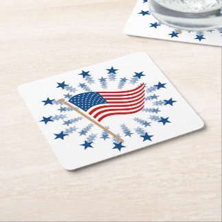 American Flag Starburst Fireworks 4th of July Square Paper Coaster