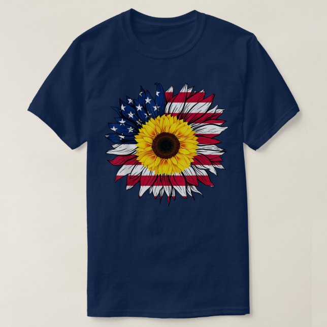 American Flag Sunflower 4th of July Independence U T-Shirt (Design Front)