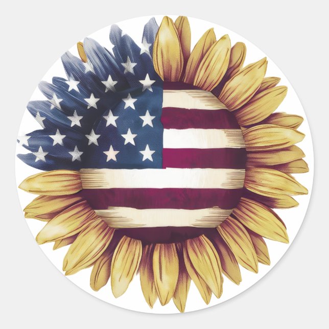 American Flag Sunflower Classic Round Sticker (Front)