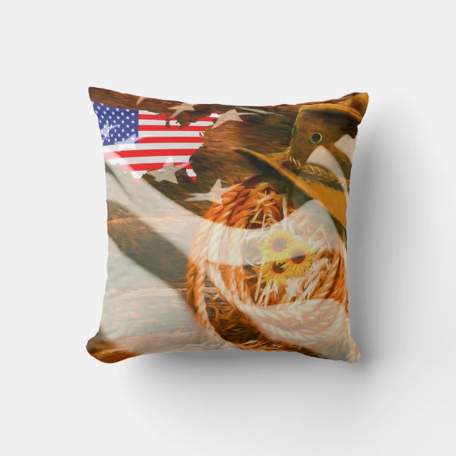 American Flag Sunrays Cowboy Hat Lasso Throw Pillow (Front)