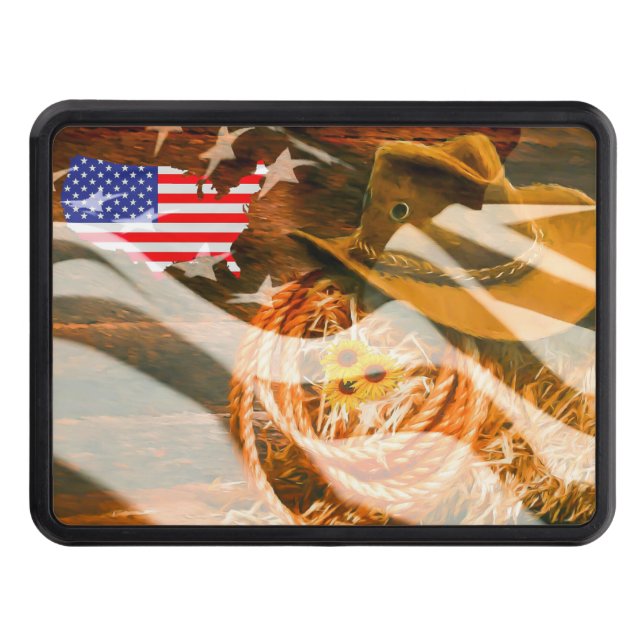 American Flag Sunrays Cowboy Hat Lasso Trailer Hitch Cover (Front)