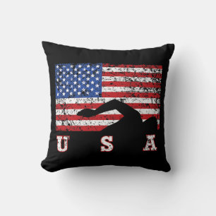 American Flag Swimming USA Gift Swim Team Premium Throw Pillow