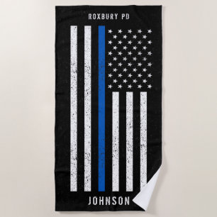 American Flag Thin Blue Line Distressed Name Beach Towel