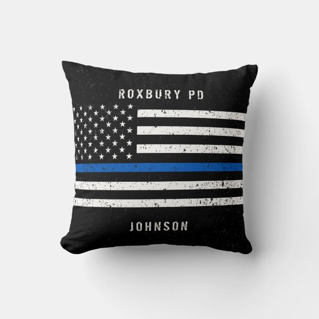 American Flag Thin Blue Line Distressed Name Throw Pillow (Front)