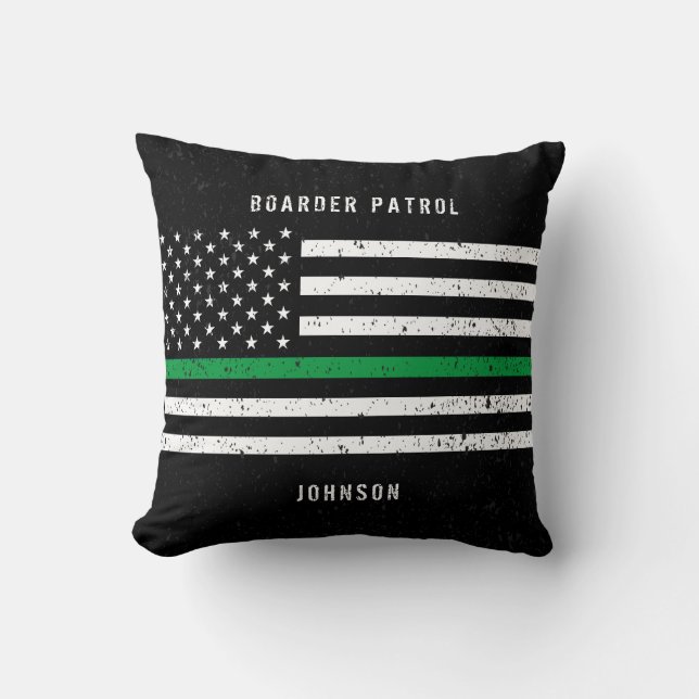 American Flag Thin Green Line Distressed Name Throw Pillow (Front)