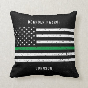 American Flag Thin Green Line Distressed Name Throw Pillow
