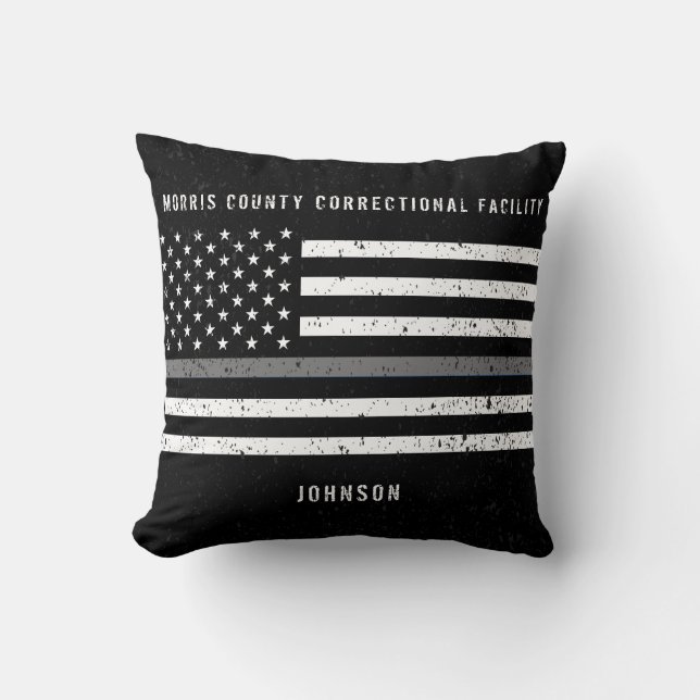 American Flag Thin Grey Line Distressed Name Throw Pillow (Front)