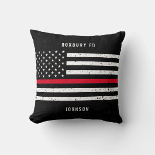 American Flag Thin Red Line Distressed Name Throw Pillow