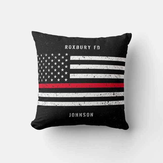 American Flag Thin Red Line Distressed Name Throw Pillow (Front)
