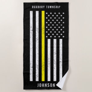 American Flag Thin Yellow Line Distressed Name Beach Towel