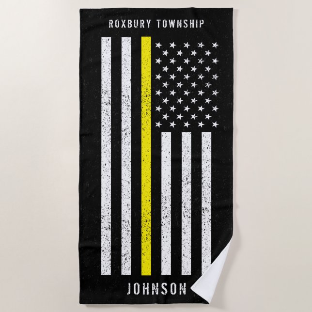 American Flag Thin Yellow Line Distressed Name Beach Towel (Front)