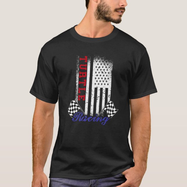 American Flag Turtle Racing Race Flag Design T-Shirt (Front)