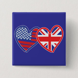American Flag/Union Jack Flag Hearts 2 Inch Square Button